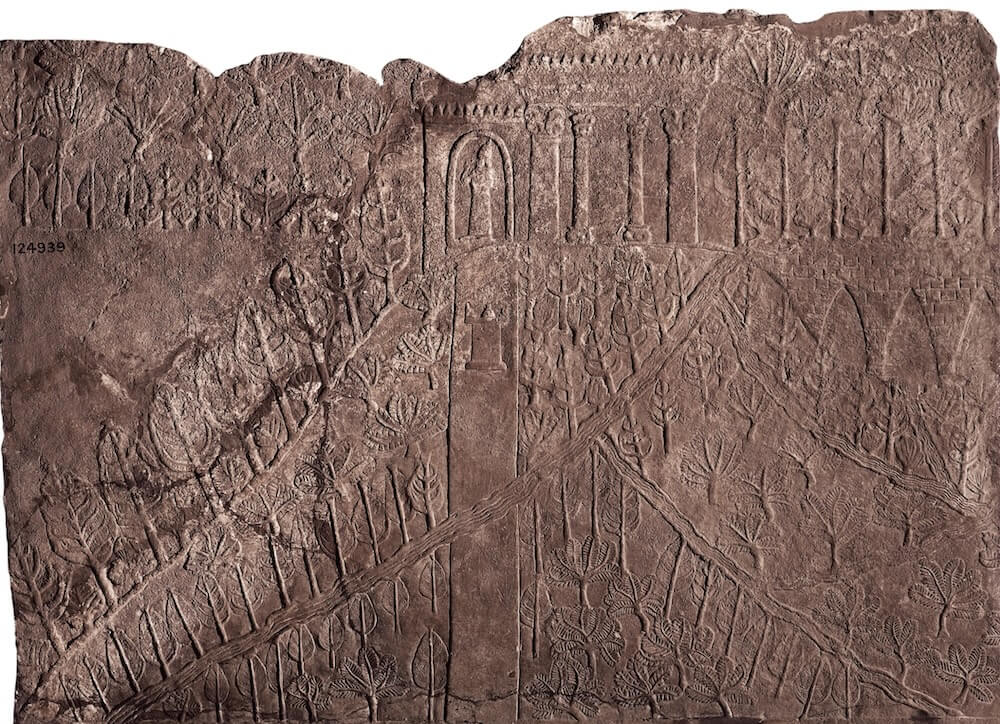 Assyrian relief depicting an aqueduct plausibly identified as the one at Jerwan ©The Trustees of the British Museum.