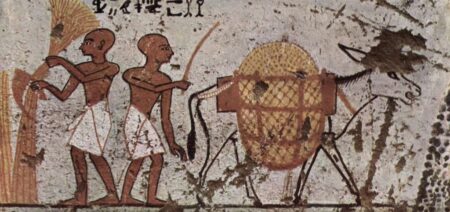 Painting from the Tomb of Panhesy: Agricultural workers with a donkey. Public Domain, via Picryl.