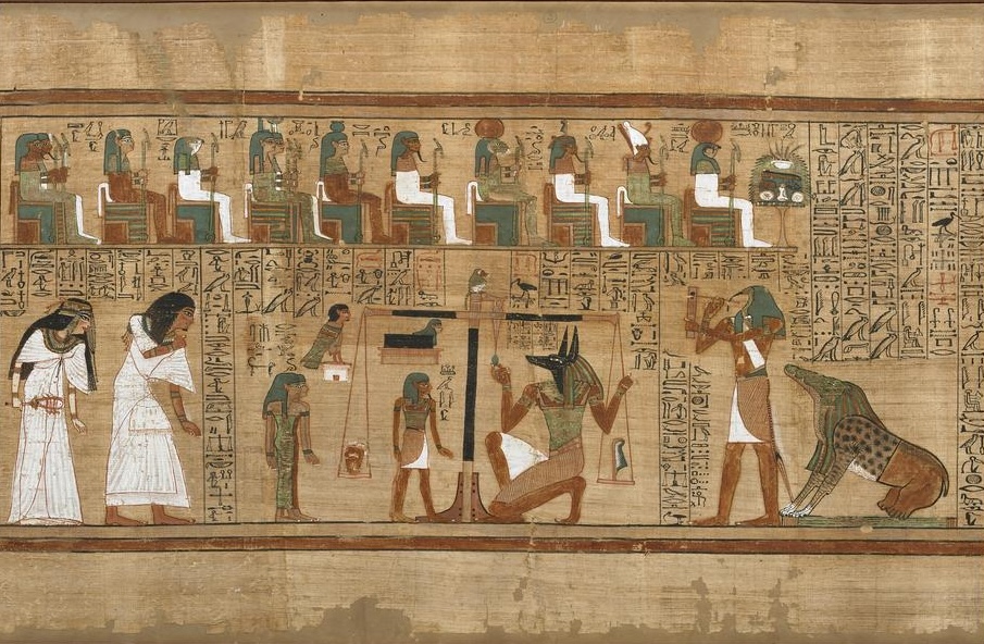 The most famous scene of the Book of the Dead (here from the papyrus of Ani), where the heart of the owner (left) is weighed against the feather of Truth (right). © The Trustees of the British Museum.