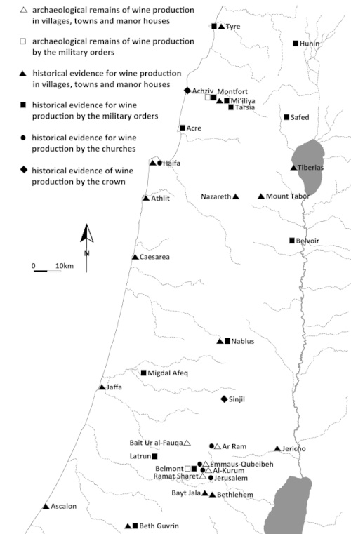 Map of the Holy Land showing sites of wine production.