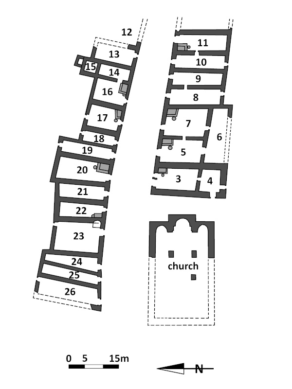 Winepresses (marked in grey) in the dwellings of the Frankish settlement of Emmaus-Qubeibeh.