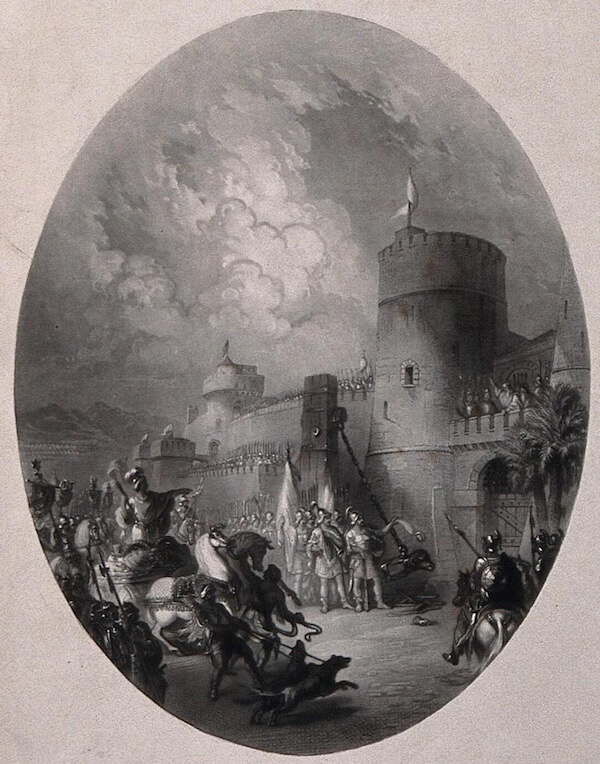 The Assyrian Rabshakeh addressing the besieged Jerusalemites. Mezzotint by G. Sanders, 1845, after E. Taylor. Public Domain.