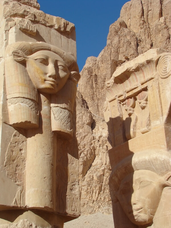 Hathor columns in the Hathor Chapel in the Temple of Hatshepsut at Deir el-Bahri. (Photo courtesy of author).