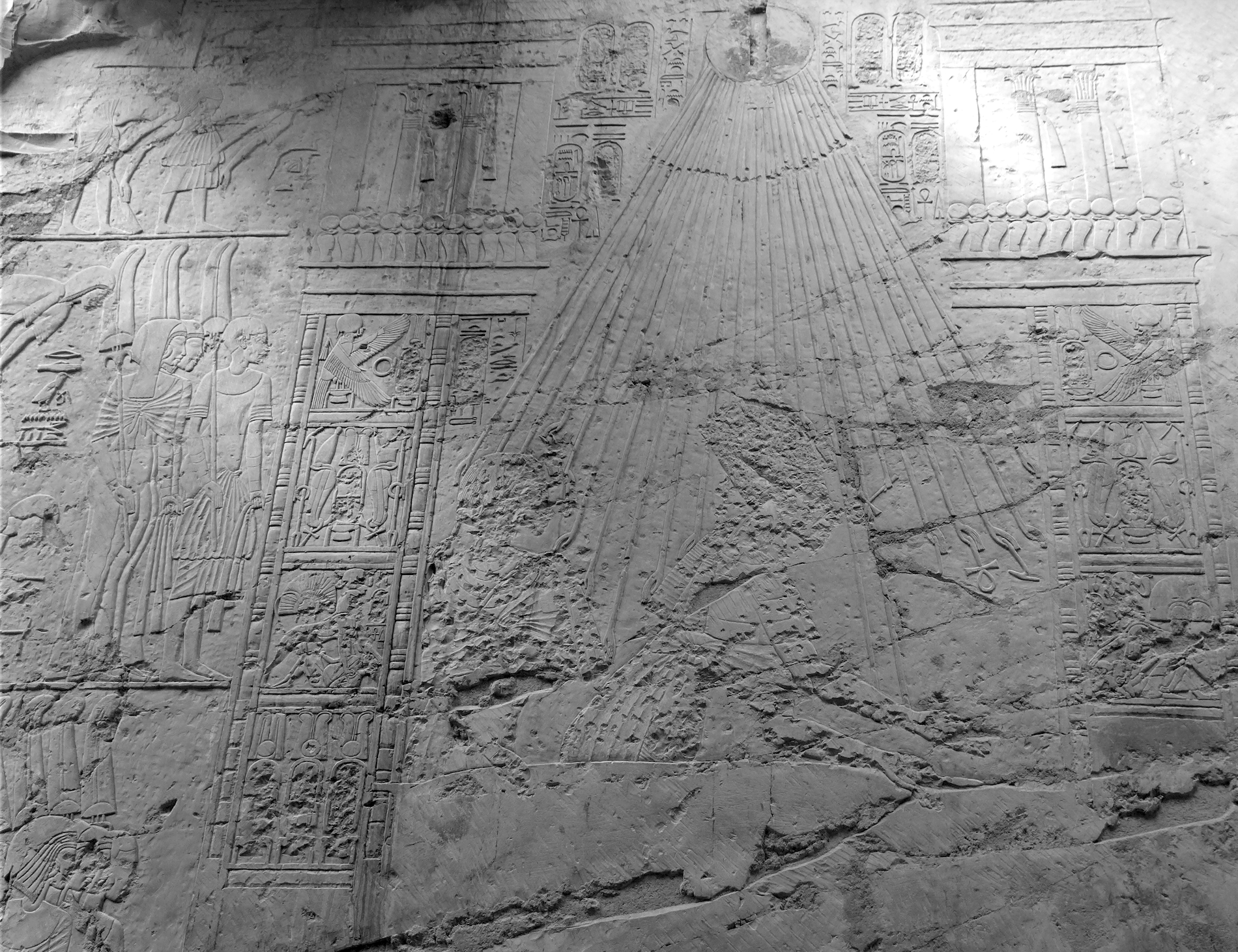 Defaced image of King Akhenaten and Queen Nefertiti, Tomb of Ramose. Photo by Marissa Stevens.