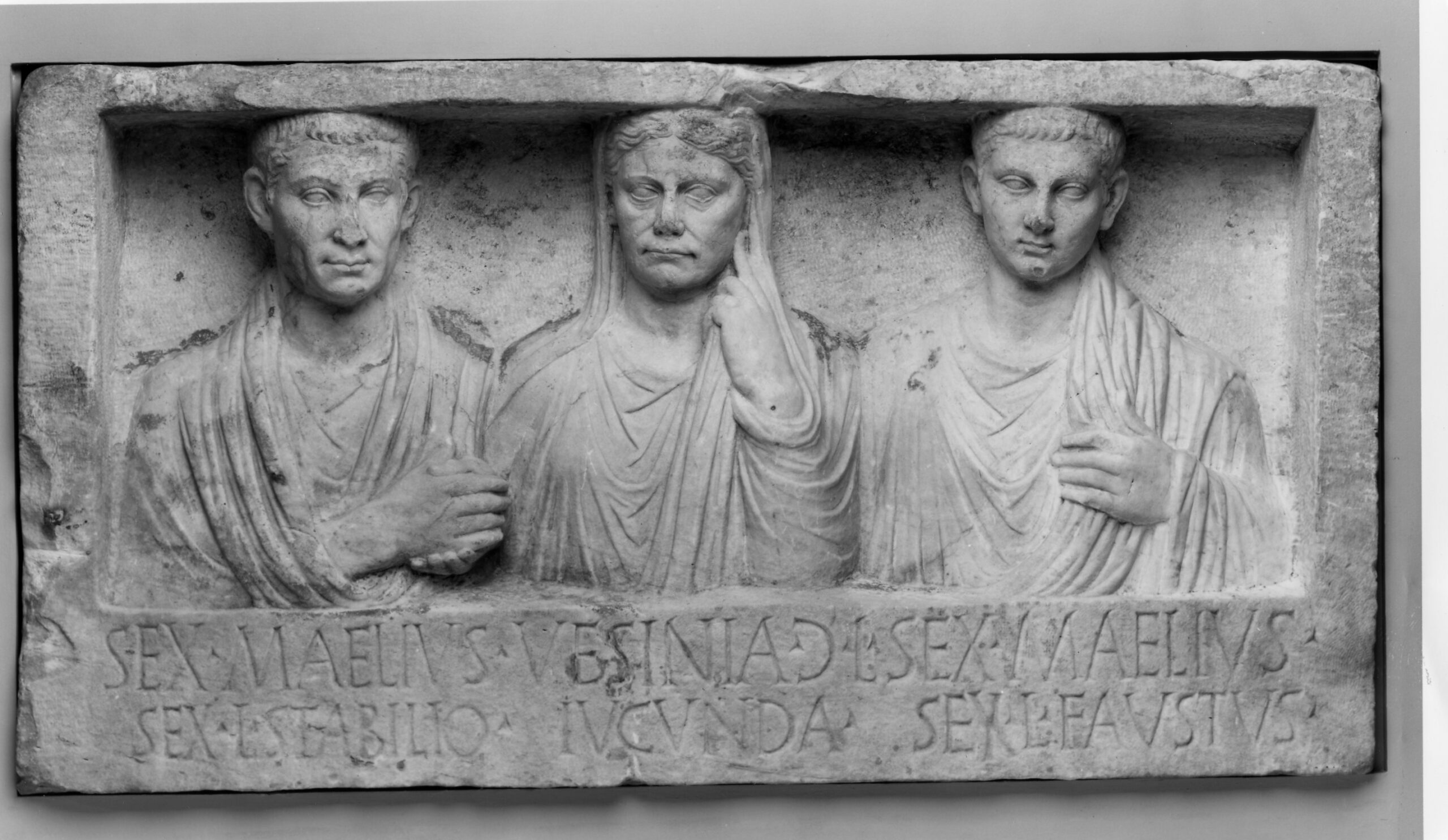 Funerary Monument for Sextus Maelius Stabilio, Vesinia Iucunda, and Sextus Maelius Faustus, early first century C.E. (Courtesy of North Carolina Museum of Art, Raleigh, Purchased with funds from the State of North Carolina, 79.1.2)