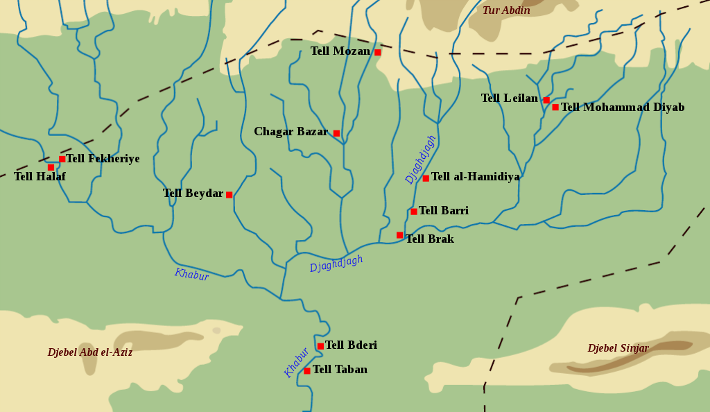 Map of the Khabur triangle showing the location of sites mentioned in the texts. By Zunkir, CC-BY-SA 4.0