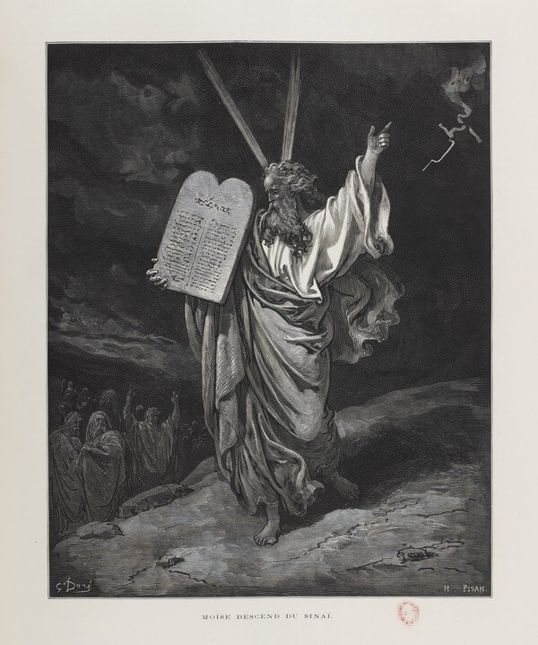 Gustave Doré and Hélidore Pisan, Moses Descends from Sinai [Moïse descend du Sinaï], from La Sainte Bible, vol. 1 (Tours: Alfred Mame et fils, 1866) [first edition], 284. Wood engraving. Bibliothèque nationale de France.