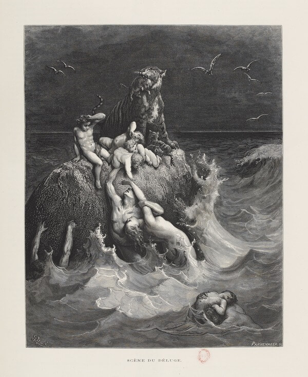 Gustave Doré and Adolphe François Pannemaker, Scene from the Deluge [Scène du Déluge], from La Sainte Bible, vol. 1 (Tours: Alfred Mame et fils, 1866) [first edition], 28. Wood engraving. Bibliothèque nationale de France.