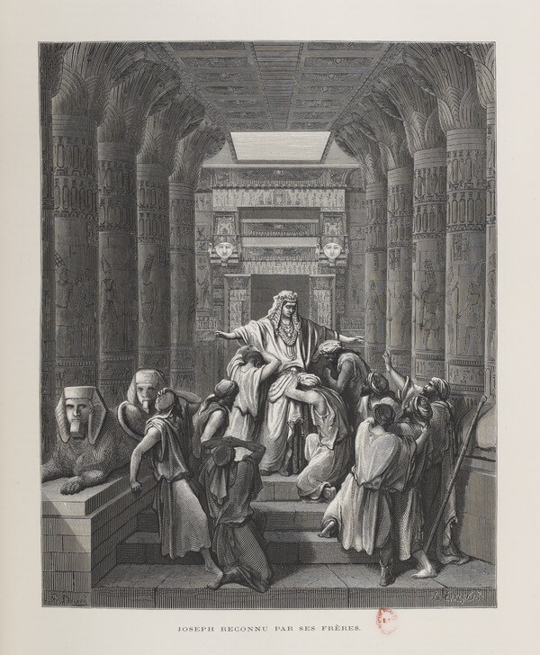 Gustave Doré and Jacob Ettling, Joseph Revealing Himself to his Brothers [Joseph reconnu par ses frères], from La Sainte Bible, vol. 1 (Tours: Alfred Mame et fils, 1866) [first edition], 188. Wood engraving. Bibliothèque nationale de France.