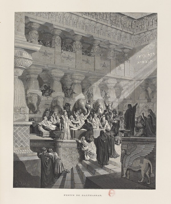 Gustave Doré and Adolphe Ligny, Belshazzar’s Feast [Festin de Balthassar], from La Sainte Bible, vol. 2 (Tours: Alfred Mame et fils, 1866) [first edition], 100. Wood engraving. Bibliothèque nationale de France.