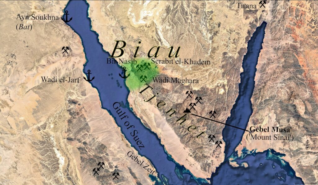 Likely locations of Biau and Tjenhet along with ancient copper sources or smelting sites. The area of Egyptian mining activity is shaded in green.