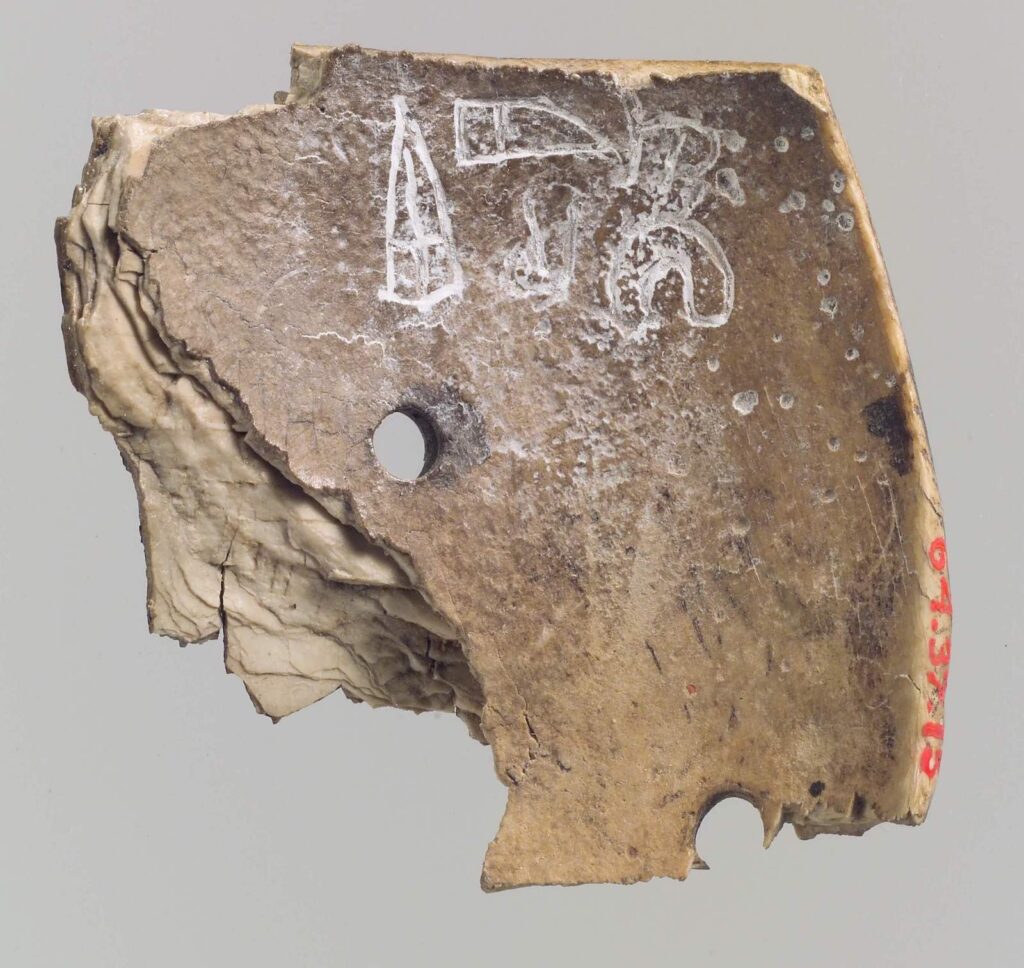 Fragment of a shell inscribed with Luwian hieroglyphs, one of a small group excavated in the Assyrian capital city Kalhu and inscribed with the name and title of a 9th-century king of Hamath in western Syria, Irhulina. Metropolitan Museum of Art 64.37.15.