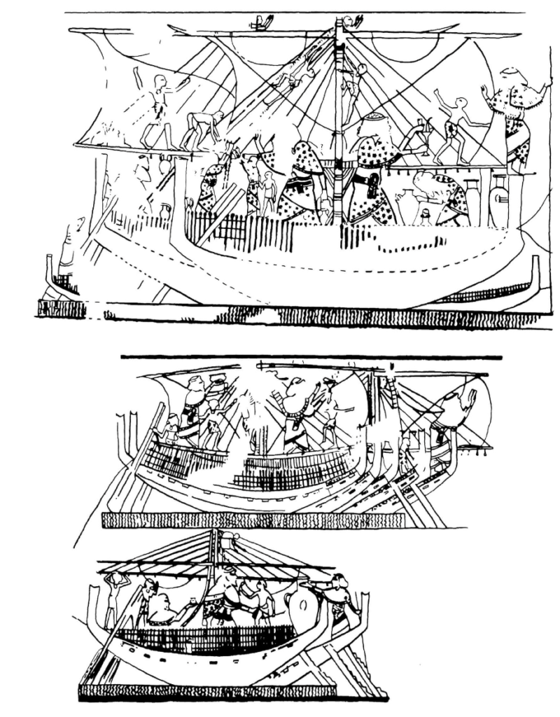 Fig. 8a and 8b: Levantine ships docking in Egypt, after a painting in the tomb of Kenamun, Overseer of the Cattle of Amun, Dynasty 18, Thebes. Source: Brody 1998, Figs. 76.