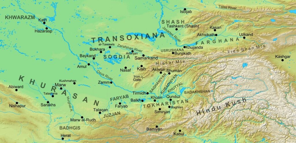 Map of Transoxiana, between the Oxus and Jaxartes (Syr Darya) Rivers, overlapping modern Uzbekistan, western Tajikistan, southern Kazakhstan, Turkmenistan and Kyrgyzstan. Map by Cplakidas /Wikmedia Commons. CCBY-SA 3.0