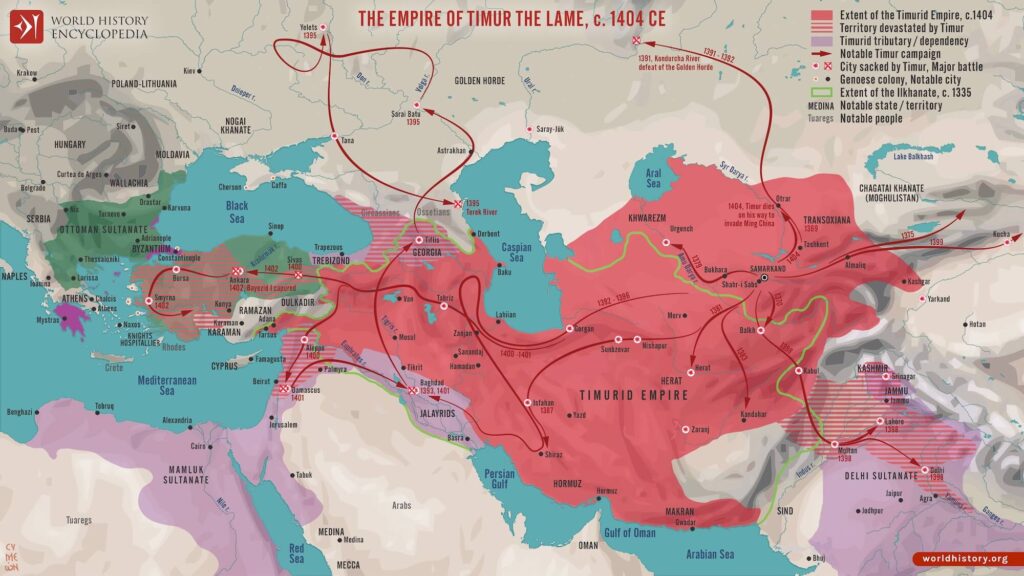 Map of campaigns and empire of Timur (Tamarlane), a Turko-Mongol warlord from Transoxiana. Map by Simeon Netchev. CC By-SA