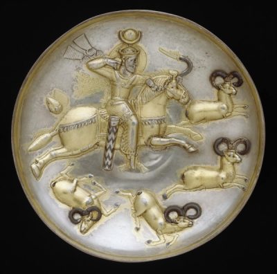 Silver bowl with gilding, depicting a Sasanian king hunting rams. From Iran, mid 5th–6th century CE. Metropolitan Museum of Art 34.33. Public Domain