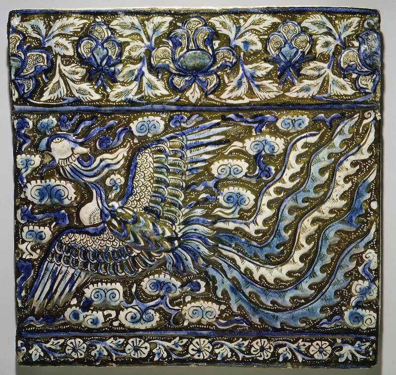 An example of how Ilkhanid period artists adopted imagery from Chinese iconography: tile with the image of a Phoenix. From Iran, probably Takht-I Sulaymän, late 13th century; height 37.5 cm. Metropolitan Museum of Art 12.49.4. (Public Domain)