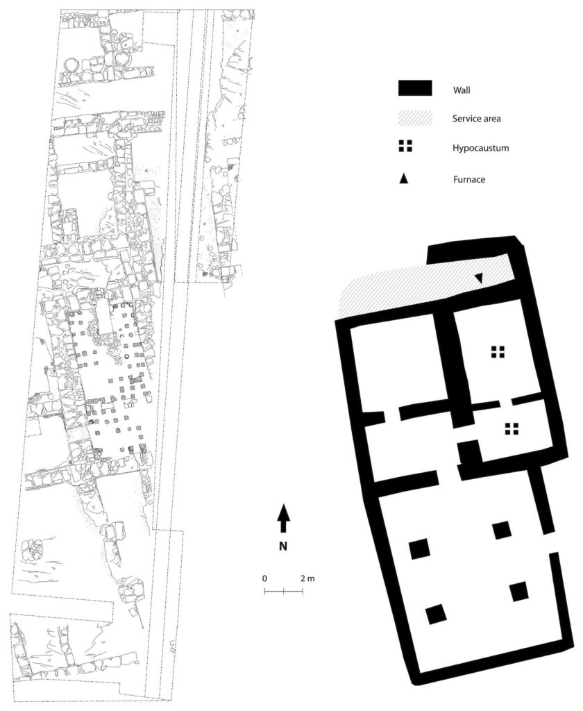 Plan of Southern Bathhouse in Shuafat. Excavation plan by V. Asman; proposed reconstruction plan by A. Kowalewska. Courtesy of the Israel Antiquities Authority