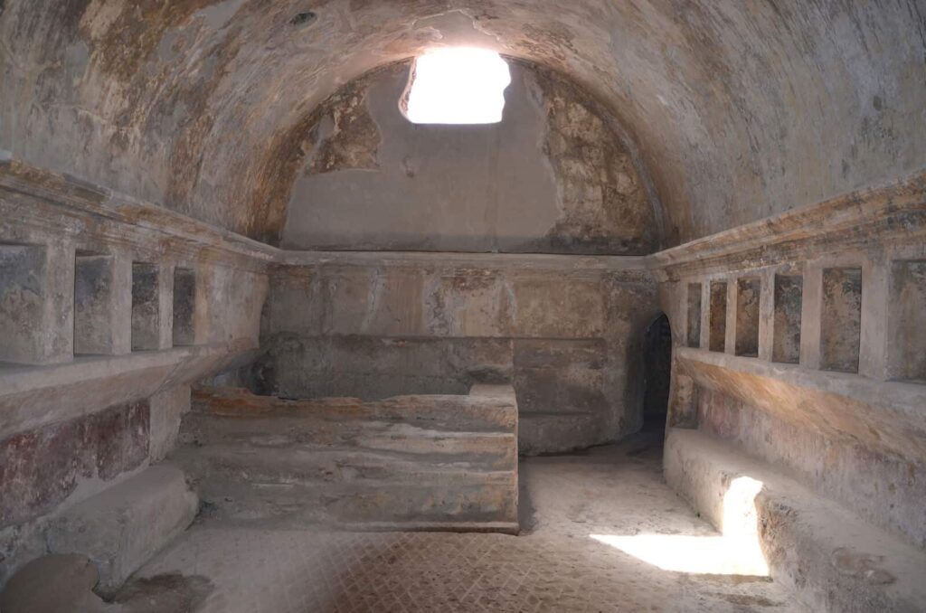 Apodyterium in the first century CE Stabian Bath, Pompeii. Photograph by Bopra77, Licensed by Dreamstime