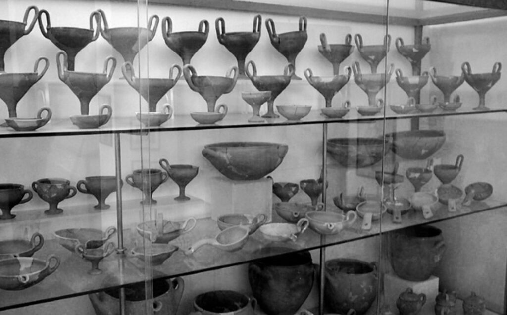 Pylos feasting equipment, including kylix cups and kraters for mixing wine. Photo by Catherine Pratt.