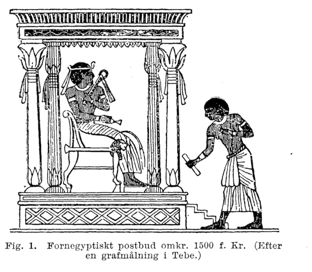 A Messenger appears before the king. Drawing after a mural in a Theban tomb. From Norisk familjebok (1915)