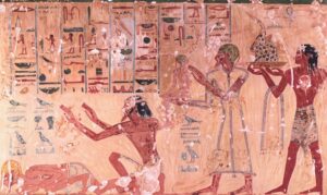 Facsimile of a painting from the Tomb of Menkheperrasone depicting foreign princes at the court of Tuthmosis III. The third figure from the left is the prince of Tunip presenting his son to the court. From Davies (1936), Ancient Egyptian Paintings Vol 1, Pl. XXI. ©University of Chicago.