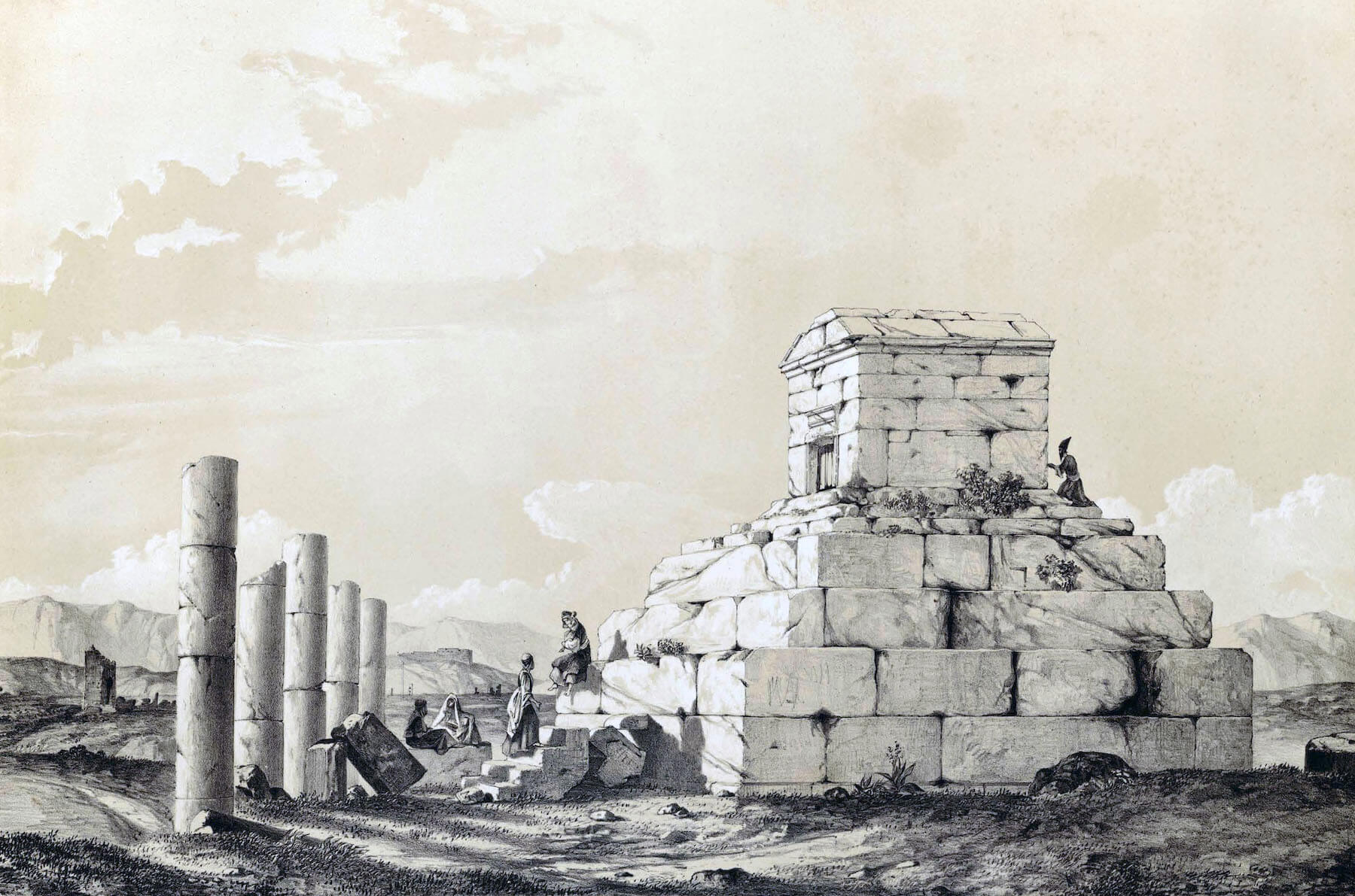 Ruines de Passargade, Tombeau dit de Cyrus, by Jean-Baptiste Flandin (1840). Public Domain.