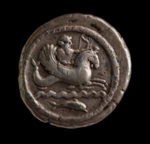 Fig. 1: Reverse of a Silver coin from Tyre depicting a “Marine God” on a hippokampos (seahorse). Ca. 360–350 BCE. © The Trustees of the British Museum.