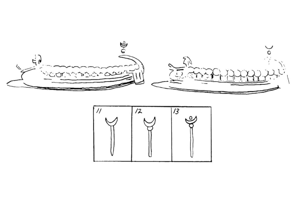 Figure 2: Phoenician ships with crescent-and-disk standards at their stern, coins; and details of crescent and crescent-and-disk stern standards, coins. Source: Brody 1998, Figs. 66.