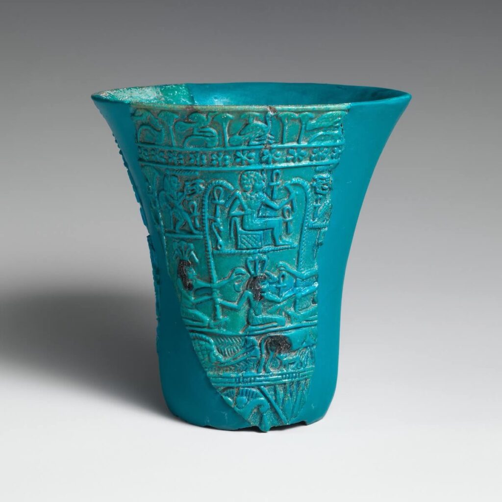 Lotus cup with relief decoration depicting a youthful king enthroned in the marshes, reborn as a child of the sun god, 3rd Intermediate Period (ca 1070 – 664 B.C.). Following the collapse of the 20th Dynasty, royal imagery evolved and appeared more widely in decorative arts. Images such as the divine infant, the rising sun, or the lotus blossom communicated the idea of rebirth and rejuvenation. Photo: Metropolitan Museum of Art.