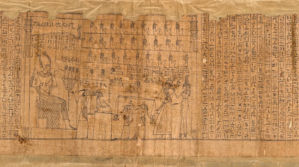 "Book of the Dead Papyrus of Pasherashakhet, son of Taber" (detail), 375–275 BCE, Egyptian. Papyrus and ink, 10 ¼ x 111 in. Getty Museum, Gift of Mr. and Mrs. H. P. Kraus, 83.AI.46.2