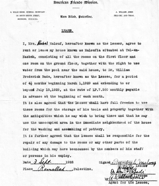 Figure 1. Lease agreement between Rachel Malouf, property owner in El-Bireh, Palestine, and W.F. Badè, director of the Tell en-Naṣbeh excavation project. The contract secures the rental of the dig house, El-Maloufiya, for the 1929 excavation season. Badè Museum Archive, Rachel Malouf Letters (1928). Courtesy of the Badè Museum, Pacific School of Religion.