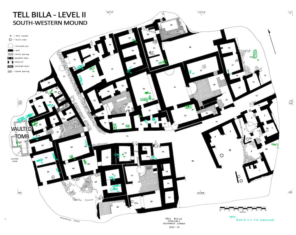 A plan of the southwestern town at Šibaniba with the placements of burials dating to c. 1350-950 BCE. Plans courtesy of the Penn Museum