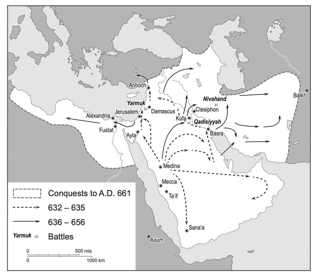 Campaigns of the Islamic Arab armies in the Middle East in the early 7th century CE (from Derricourt, Creating God)