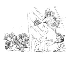The stacking of Elamite heads. From the Palace of Sennacherib at Nineveh, room 33, BM no 124801. Redrawn by Joanne Porck.