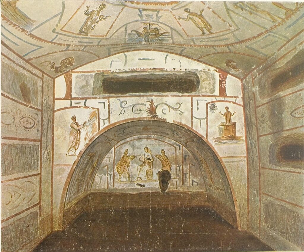 Images of Jonah appear on the ceiling, just above a loculus, Catacombs of Saints Marcellinus and Peter, Rome. Die Malereien der Katakomben Roms, Tf. 60. Joseph Wilpert, 1903. Courtesy of Heidelberg historic literature – digitized. https://doi.org/10.11588/diglit.1339