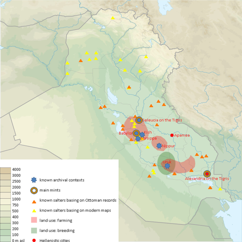 Map of present - day Iraq showing the location of known salterns, along with known archival contexts and main mints of the Seleucid period, main cities, and land use