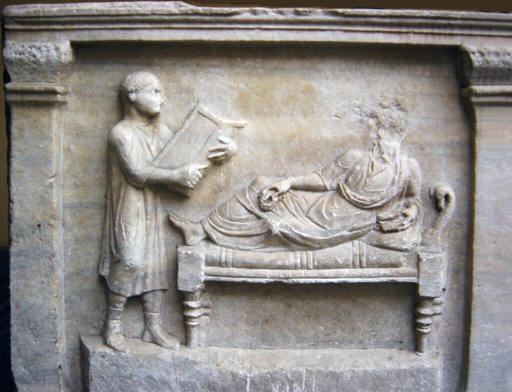 Detail from the sarcophagus of Roman jurist Valerio Petroniano (315–320 CE). Archaeological Museum of Milan. (Wikimedia commons)