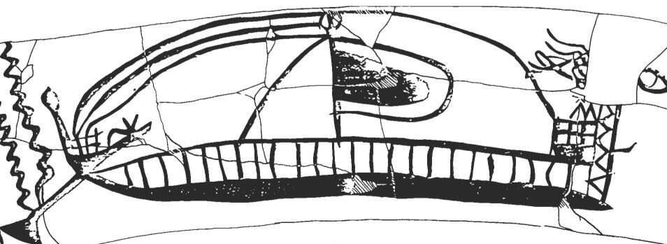 Fig 2. Ship with a spur on a pyxis found in a tomb at Tragana, Pylos dating to 1200–1050 BCE (from Wachsmann 1998, pg. 135).