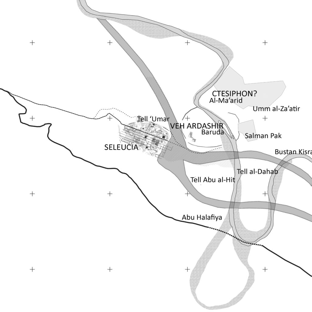 Central Mesopotamia. Location of ancient capitals, ancient water routes and paleo river system along the Nahr Malkha. Map by the author based on survey of the Italian expedition at Seleucia on the Tigris.