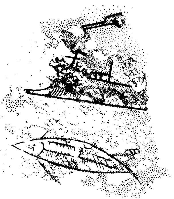 Fig 4. Ship on the catchplate of a bronze fibula from Kerameikos Grave 41, ca. 850 BCE (Van Doorninck 1992, pg. 283).