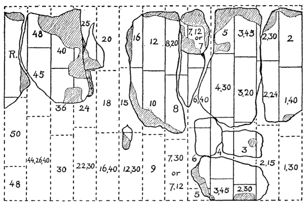 Schematic drawing of cylinder A 7897, showing only the head numbers of the multiplication tables written on its surface.(Neugebauer and Sachs 1945, 25).