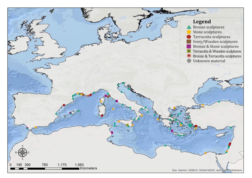 Fig. 2: Map showing the geographical distribution of underwater sculptural finds in the Mediterranean region. ©Katerina Velentza.