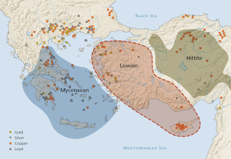 Previously acknowledged Late Bronze Age cultures in the North-eastern Mediterranean with the addition of a Luwian sphere of influence in western Asia Minor, and also indicating ore deposits.