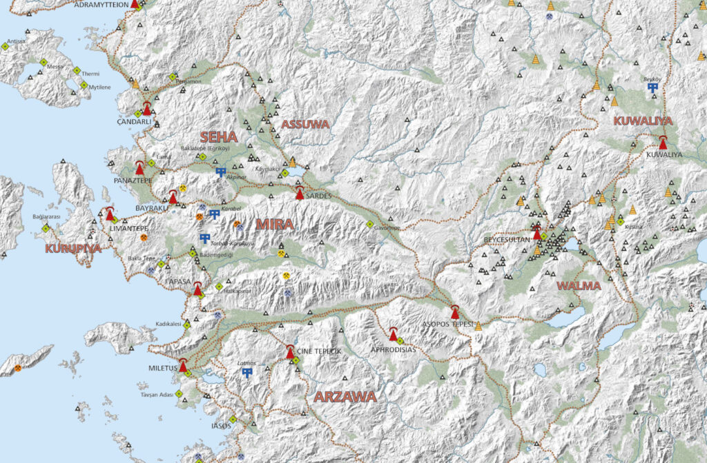 Topographic map indicating the situation around 1200 BCE, using geographic coordinates of all 477 settlements sites.