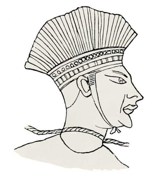 Line drawing of a feather crown warrior from the mortuary temple of Ramesses III showing the most distinct feature of the Sea Peoples.