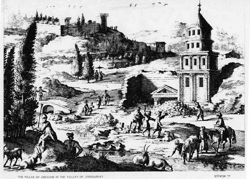 Stoning of the monument, 17th cent. book illustration showing the stoning of the monument, by Flemish illustrator Olfert Dopper, who had never been to the Near East. (Library of Congress, Prints and Photographs Division.)