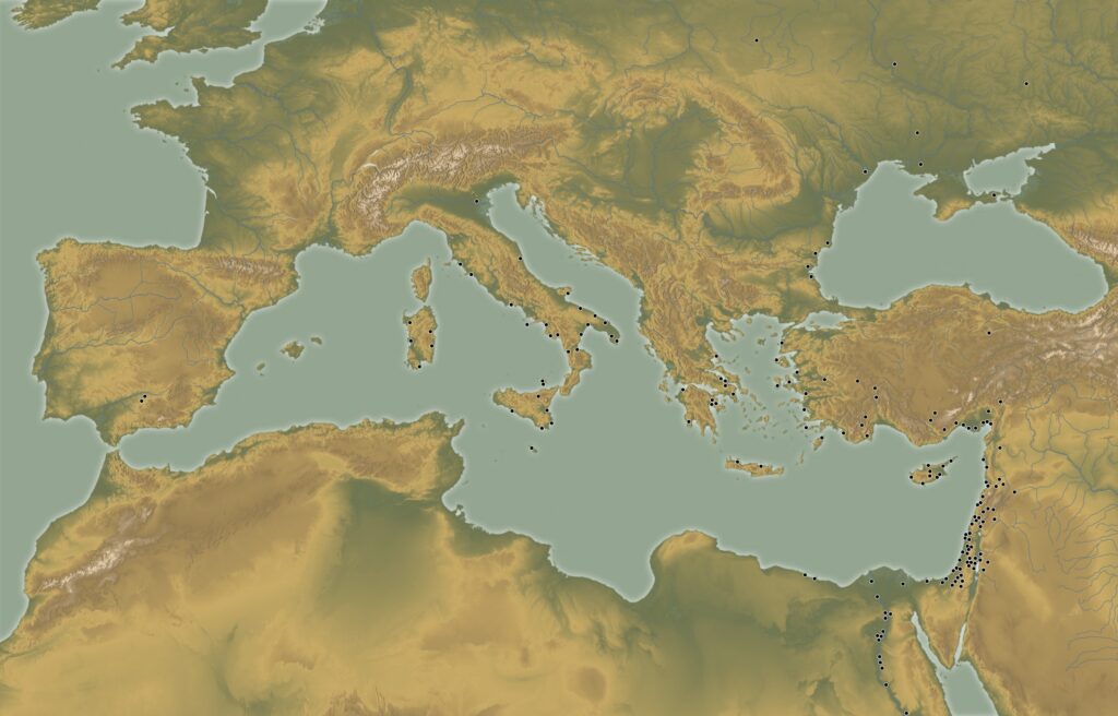 Locations of Mycenaean Pottery Finds in the Mediterranean basin. Map by Olav Ode.