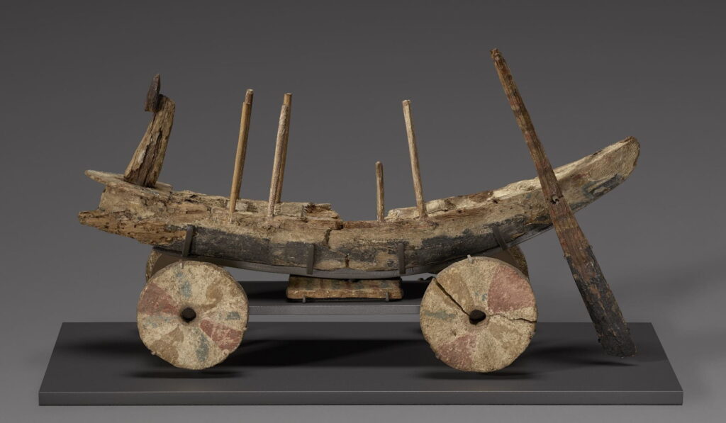 Model of an Egyptian cultic cart modeled on a Late Bronze Age Mycenaean Greek warship, from a tomb at Gurob, Egypt. Photo: J. Paul Getty Museum