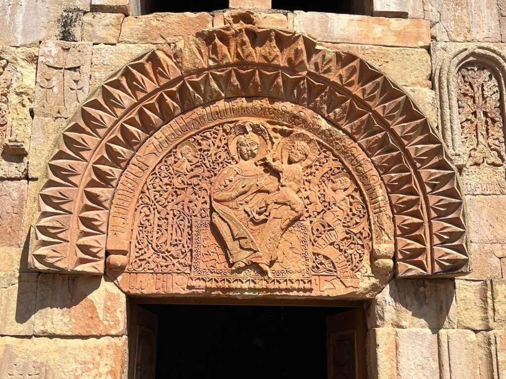 A depiction of the Virgin Mary seated on a silken carpet, 13th century CE, Noravank Monastery, Armenia (Photo by the author).